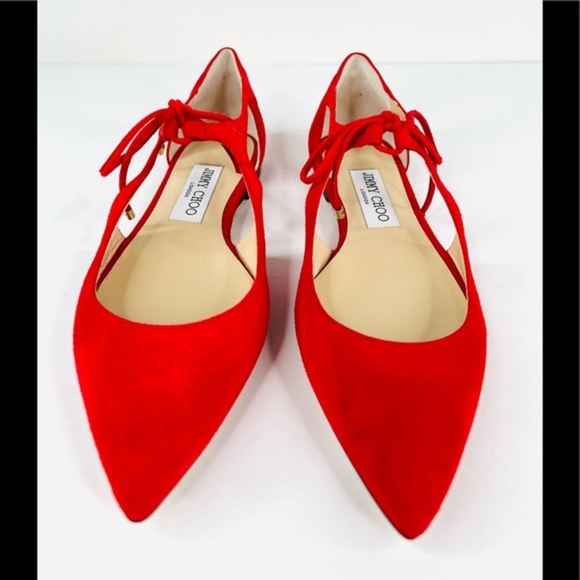 Jimmy Choo Vanessa Flat Red Suede Strap Lace Pointed Toe Ballet Flats Size 36.5 - Picture 3 of 11